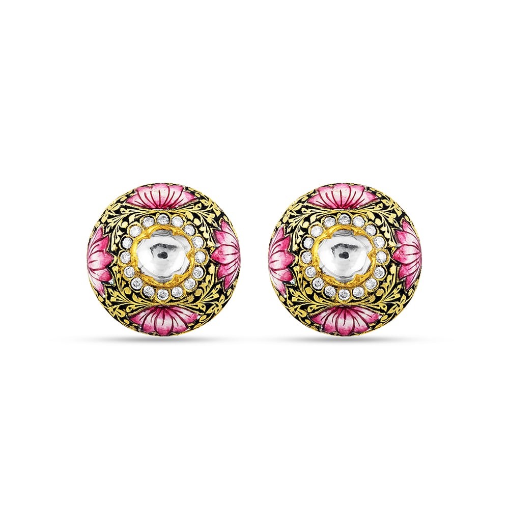 Partash Studs with Polki, Full-Cut Diamonds, and Lotus Enamel